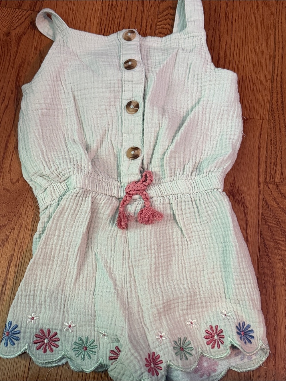 Girls Mint Green Button-Front Romper with Pink Tassel Size 6
